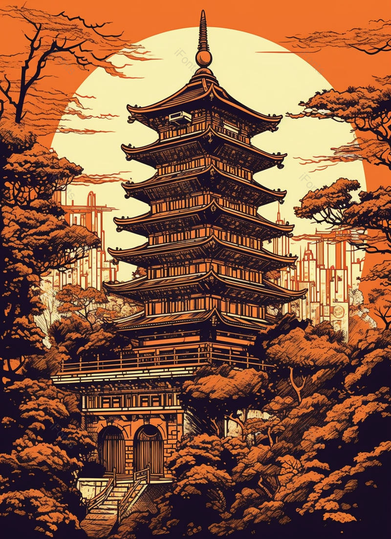 橘黄色大太阳古建筑塔中国风背景,插画/手绘图,插画/手绘图库,插画/手绘图下载,插画/手绘